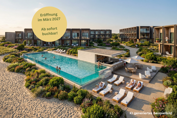 Modernes Strandresort mit mehreren zweigeschossigen Gebäuden in Holzoptik, umgeben von Dünenlandschaft und viel Grün. Im Vordergrund befindet sich ein großer, rechteckiger Pool mit Badenden; daneben stehen Sonnenliegen mit Gästen sowie eine Poolbar mit Sitzbereich und Sonnenschirmen. Das Meer liegt direkt hinter der Anlage. Links oben ist ein runder Hinweis eingeblendet mit dem Text „Eröffnung im März 2027 – Ab sofort buchbar“. Unten rechts steht „KI generiertes Beispielbild“